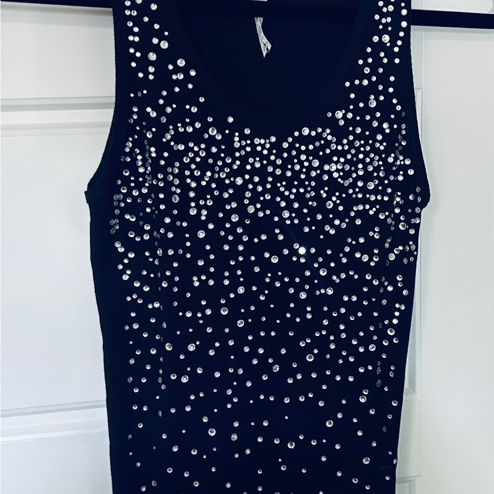 Alstyle stretchy black Embellished Tank Top with Sparkling Details